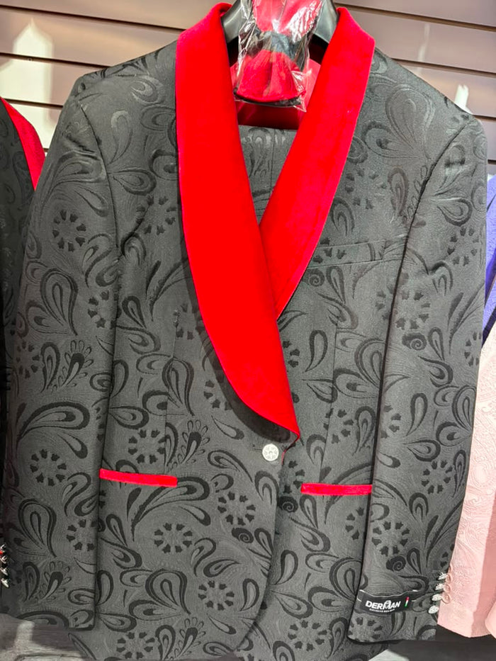 Men’s Black Paisley Tuxedo with Red Velvet Shawl Lapel – 3 Piece Wedding Prom Suit