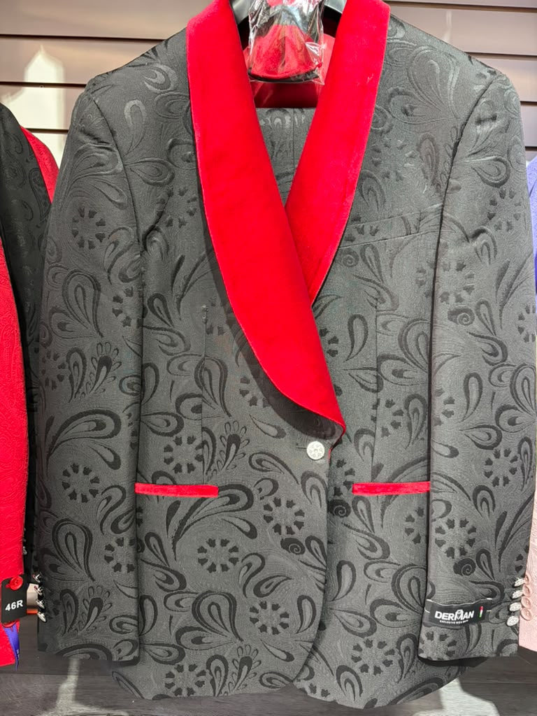 Men’s Black Paisley Tuxedo with Red Velvet Shawl Lapel – 3 Piece Wedding Prom Suit