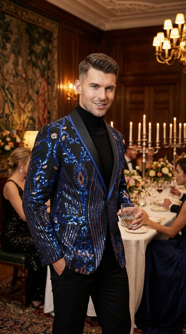 Mens Black and Royal and Gold and Navy Blue Sequin Tuxedo Suit Set – Luxury Prom Wedding Tuxedo with Sequin Jacket