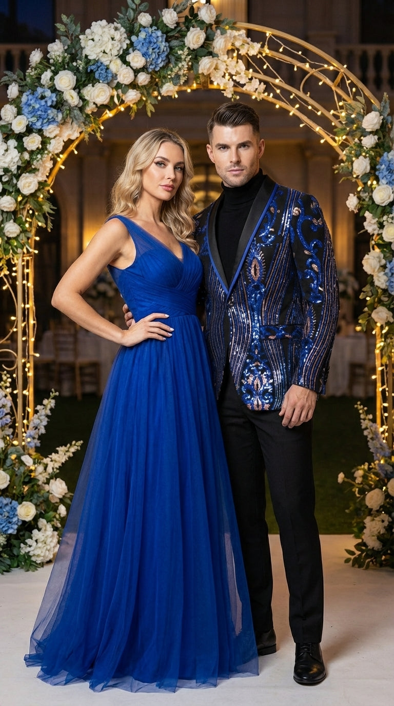 Mens Black and Royal and Gold and Navy Blue Sequin Tuxedo Suit Set – Luxury Prom Wedding Tuxedo with Sequin Jacket
