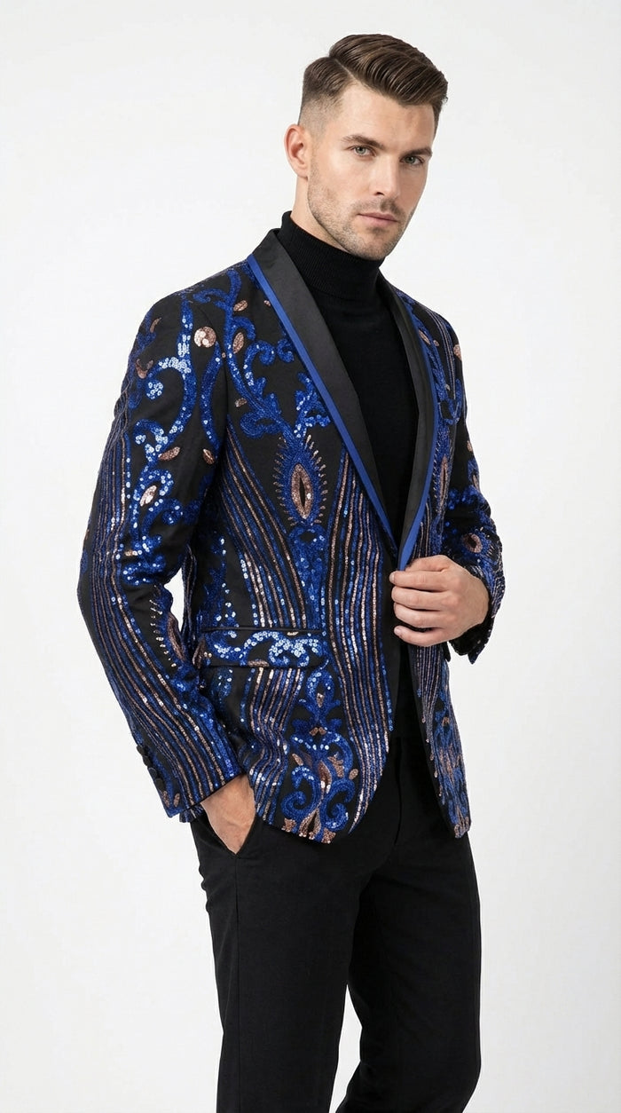 Mens Black and Royal and Gold and Navy Blue Sequin Tuxedo Suit Set – Luxury Prom Wedding Tuxedo with Sequin Jacket