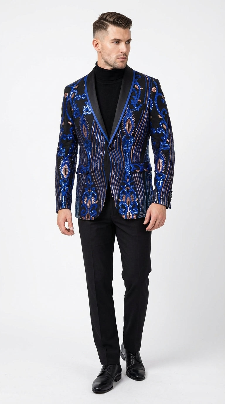 Mens Black and Royal and Gold and Navy Blue Sequin Tuxedo Suit Set – Luxury Prom Wedding Tuxedo with Sequin Jacket