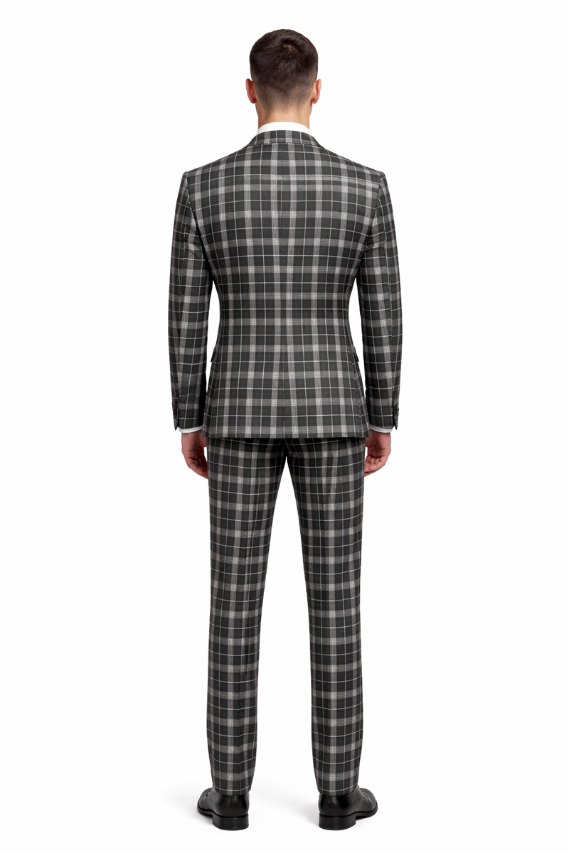 Men's Black and White Plaid Three-Piece Suit â€“ Modern Slim Fit Tuxedo for Church and Business