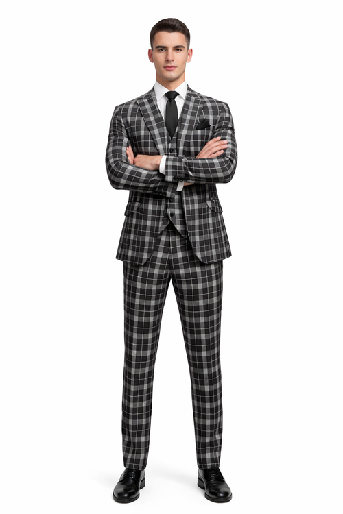 Men's Black and White Plaid Three-Piece Suit â€“ Modern Slim Fit Tuxedo for Church and Business