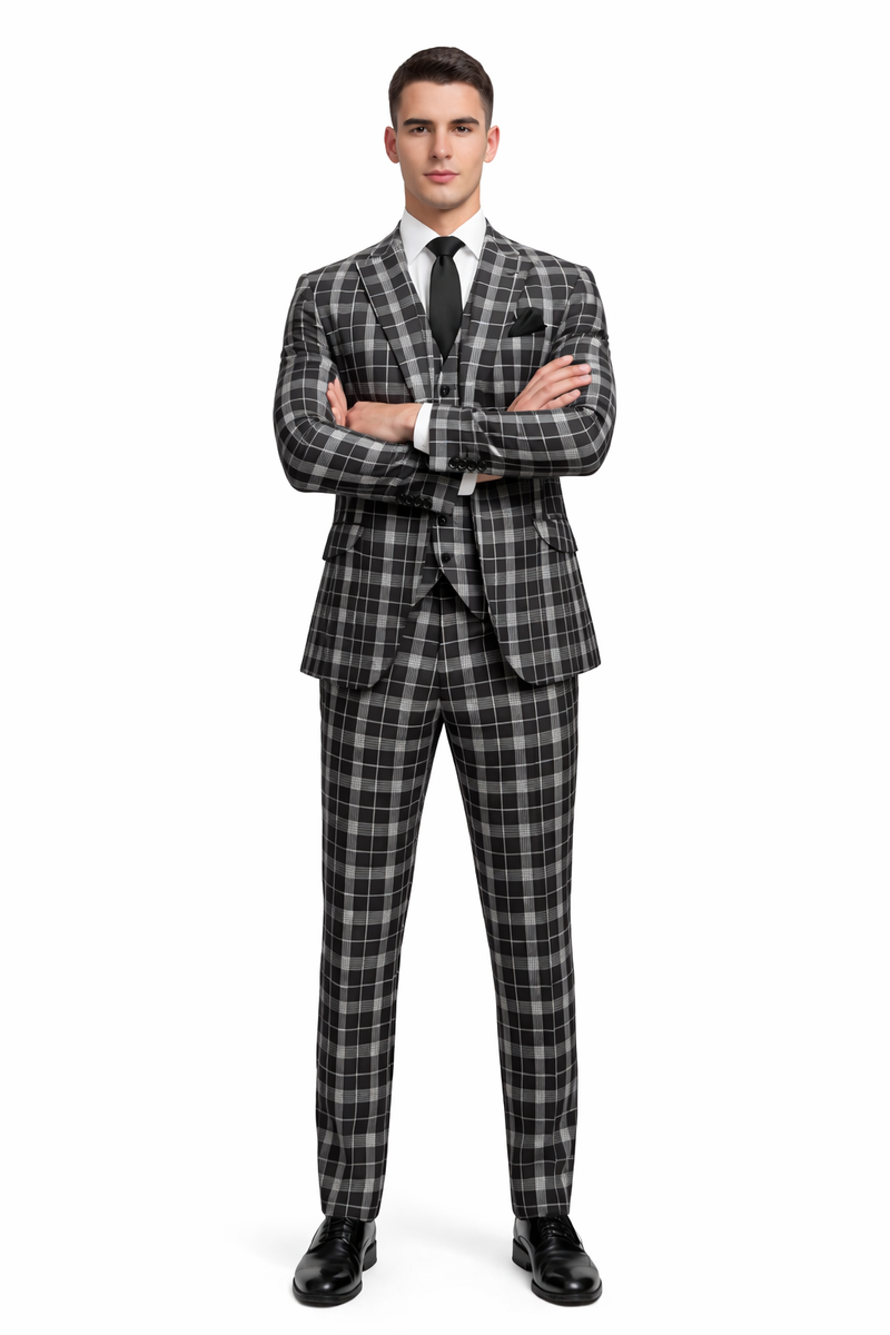 Men's Black and White Plaid Three-Piece Suit â€“ Modern Slim Fit Tuxedo for Church and Business