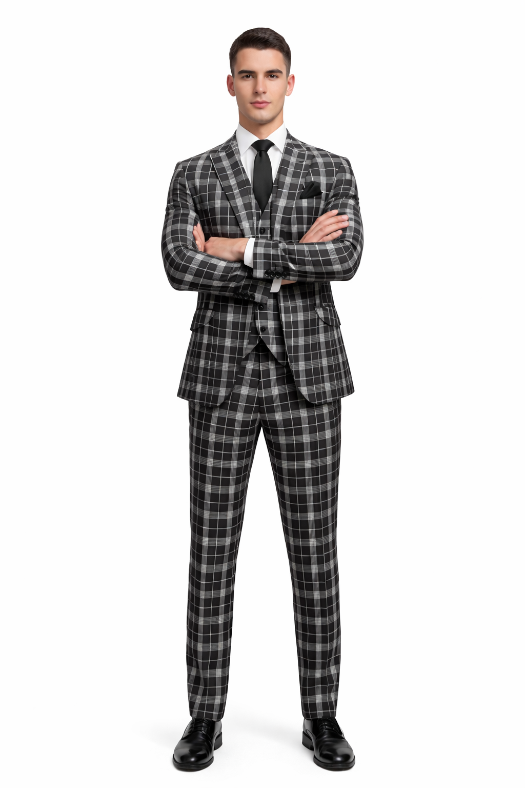 Men's Black and White Plaid Three-Piece Suit â€“ Modern Slim Fit Tuxedo for Church and Business