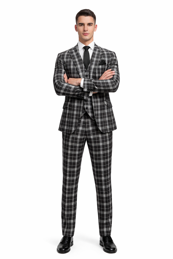 Men's Black and White Plaid Three-Piece Suit â€“ Modern Slim Fit Tuxedo for Church and Business