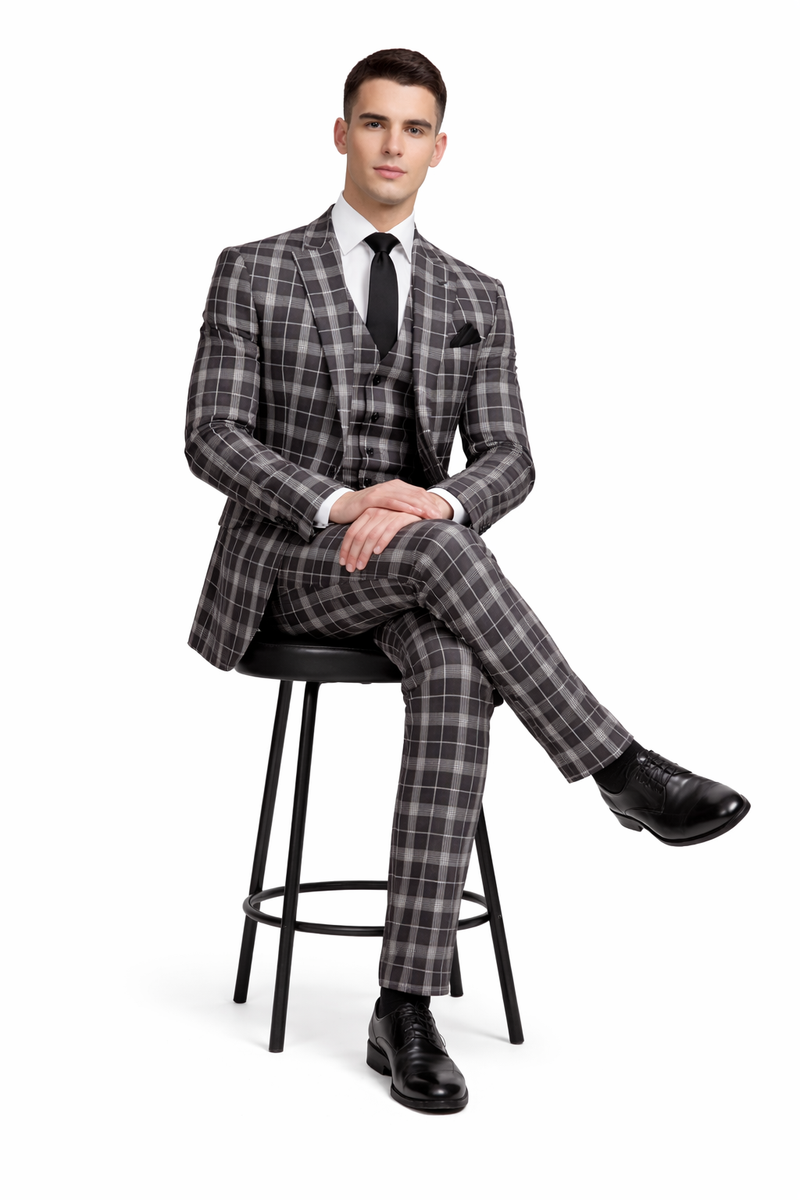 Men's Black and White Plaid Three-Piece Suit â€“ Modern Slim Fit Tuxedo for Church and Business