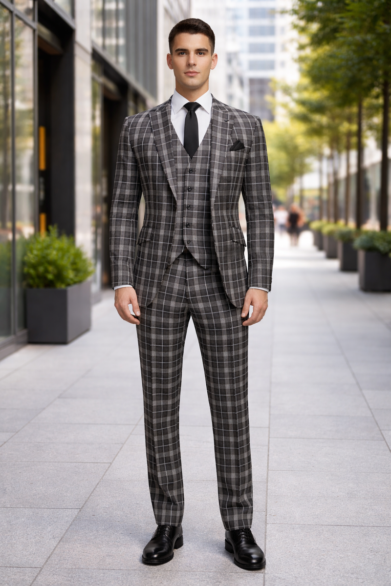 Men's Black and White Plaid Three-Piece Suit â€“ Modern Slim Fit Tuxedo for Church and Business
