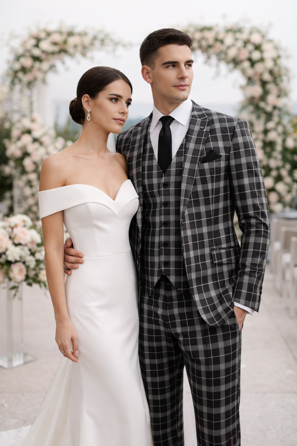 Men's Black and White Plaid Three-Piece Suit â€“ Modern Slim Fit Tuxedo for Church and Business
