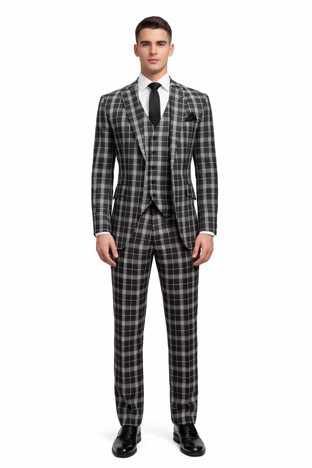 Men's Black and White Plaid Three-Piece Suit â€“ Modern Slim Fit Tuxedo for Church and Business