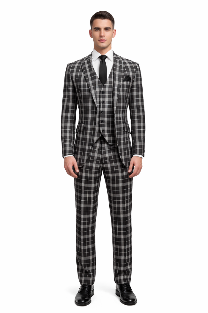 Men's Black and White Plaid Three-Piece Suit â€“ Modern Slim Fit Tuxedo for Church and Business