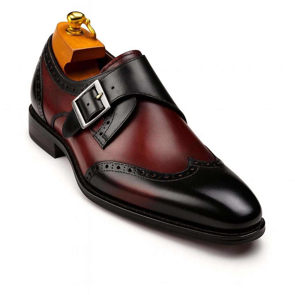 Mens Leather Wingtip Monk Strap Dress Shoe in Brown & Navy