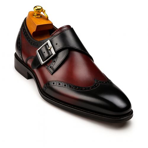 Mens Leather Wingtip Monk Strap Dress Shoe in Brown & Navy