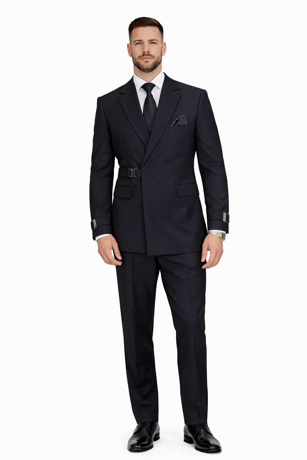 Men’s Black Double Breasted Wool Suit with Metal Buckle Closure