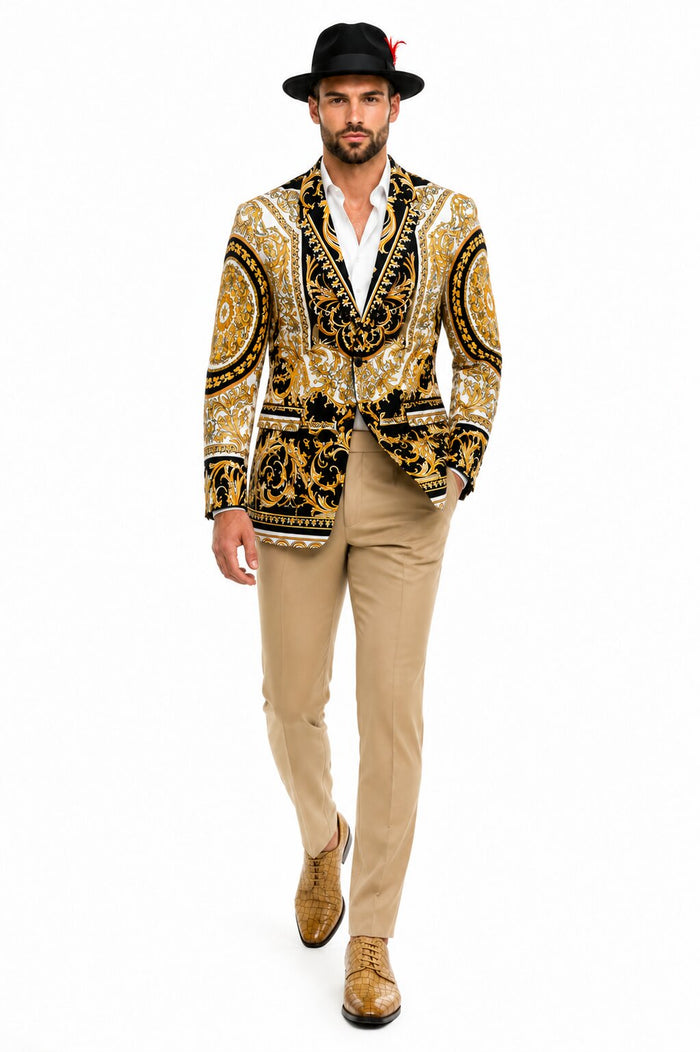 Mens Black and Gold Baroque Blazer with Matching Pants, Hat, and Shoes - Luxury Party and Wedding Outfit Set