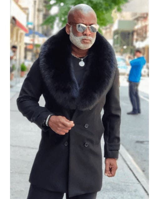 Men Black Overcoat With Fur Collar Wool Topcoats