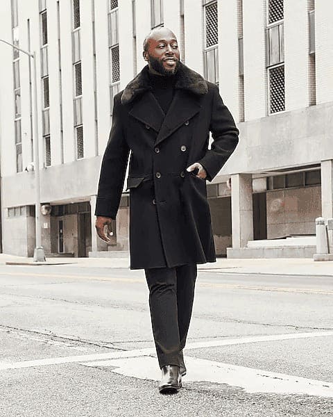 Men Black Overcoats With Fur Collar Wool Topcoat