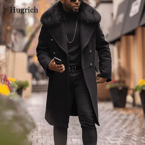 Men Overcoat Black With Fur Collar Wool Topcoats