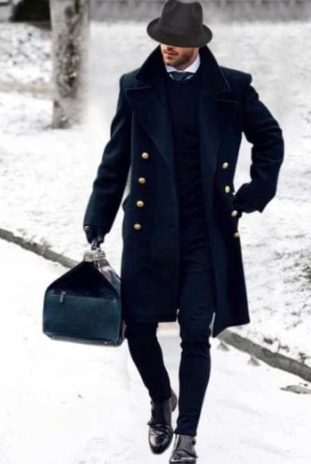 Men Black Overcoat With Fur Collar