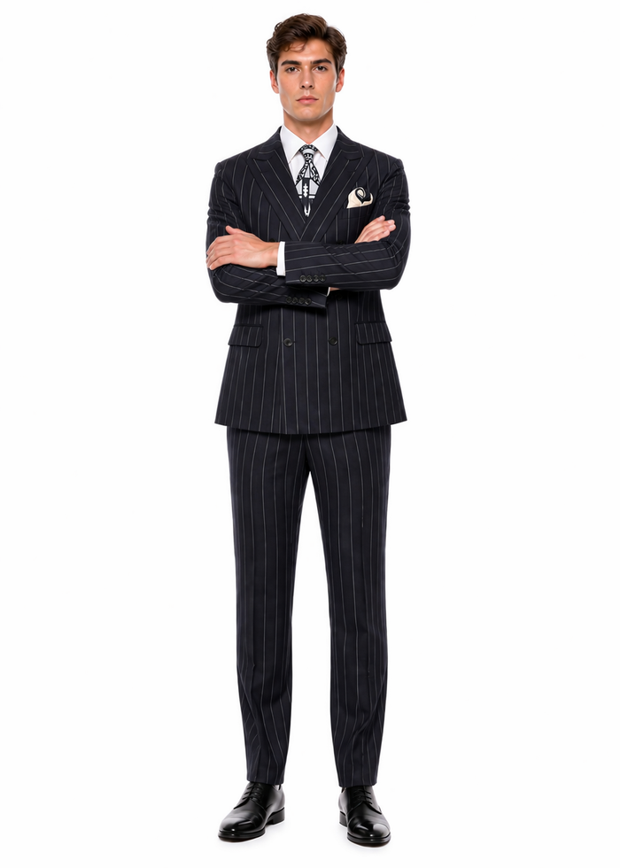 Mens Black Pinstripe AI Capone Suit – Vintage 1920s Gangster Style Three Piece Formal Suit
