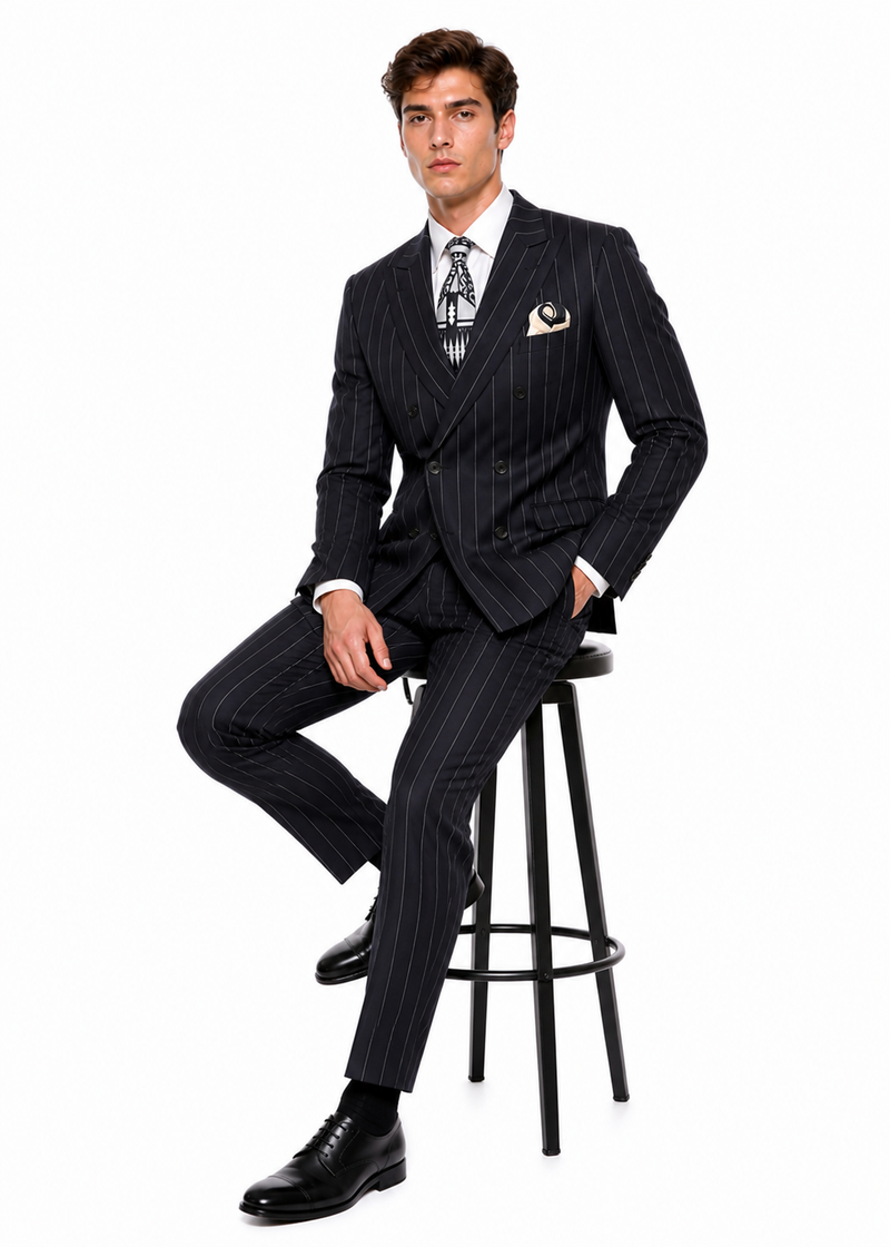 Mens Black Pinstripe AI Capone Suit – Vintage 1920s Gangster Style Three Piece Formal Suit