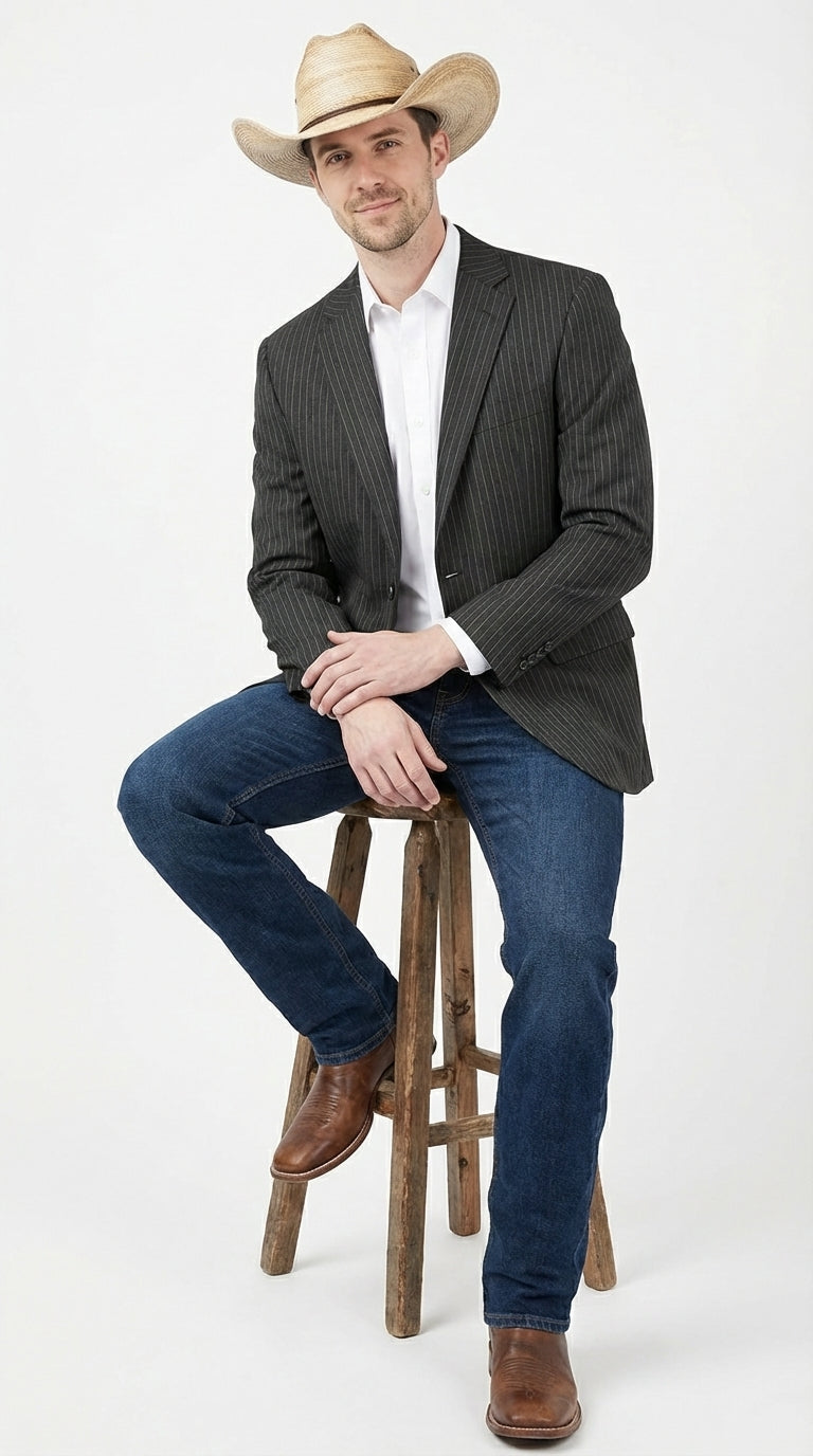 Mens Black Pinstripe Western Blazer – Classic Cowboy Style Jacket for Business, Formal and Smart Casual Wear