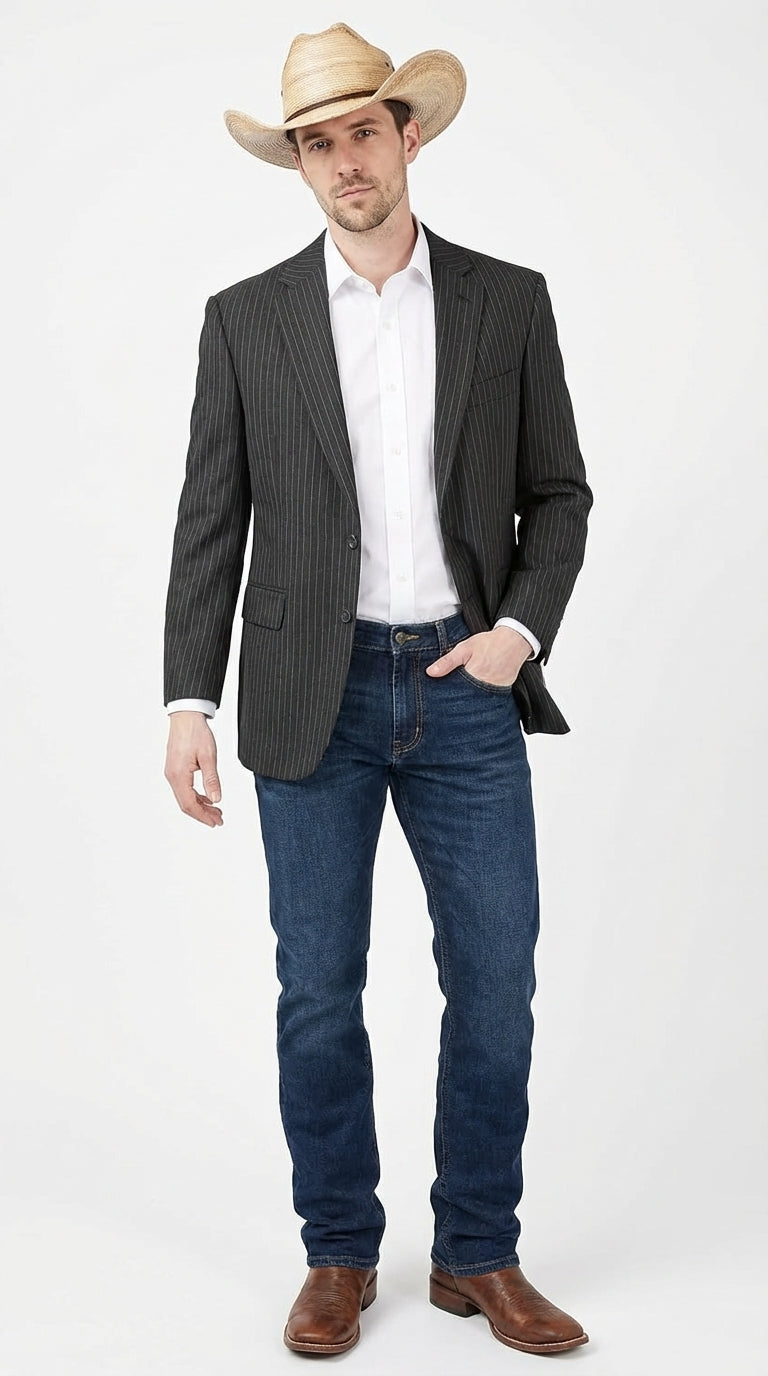 Mens Black Pinstripe Western Blazer – Classic Cowboy Style Jacket for Business, Formal and Smart Casual Wear