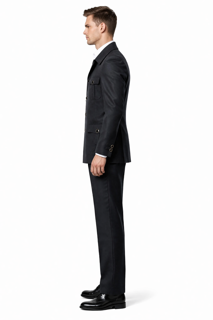 Men's Black Safari Suit with Textured Utility Jacket and Matching Trousers - Casual Walking Suit by Rossiman