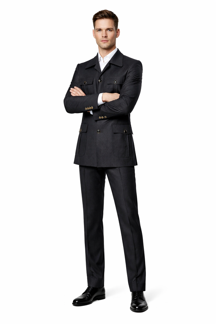 Men's Black Safari Suit with Textured Utility Jacket and Matching Trousers - Casual Walking Suit by Rossiman