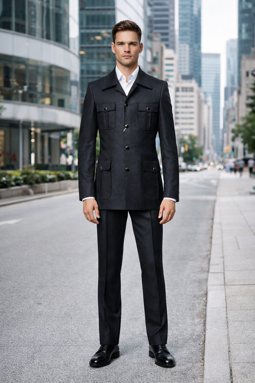 Men's Black Safari Suit with Textured Utility Jacket and Matching Trousers - Casual Walking Suit by Rossiman