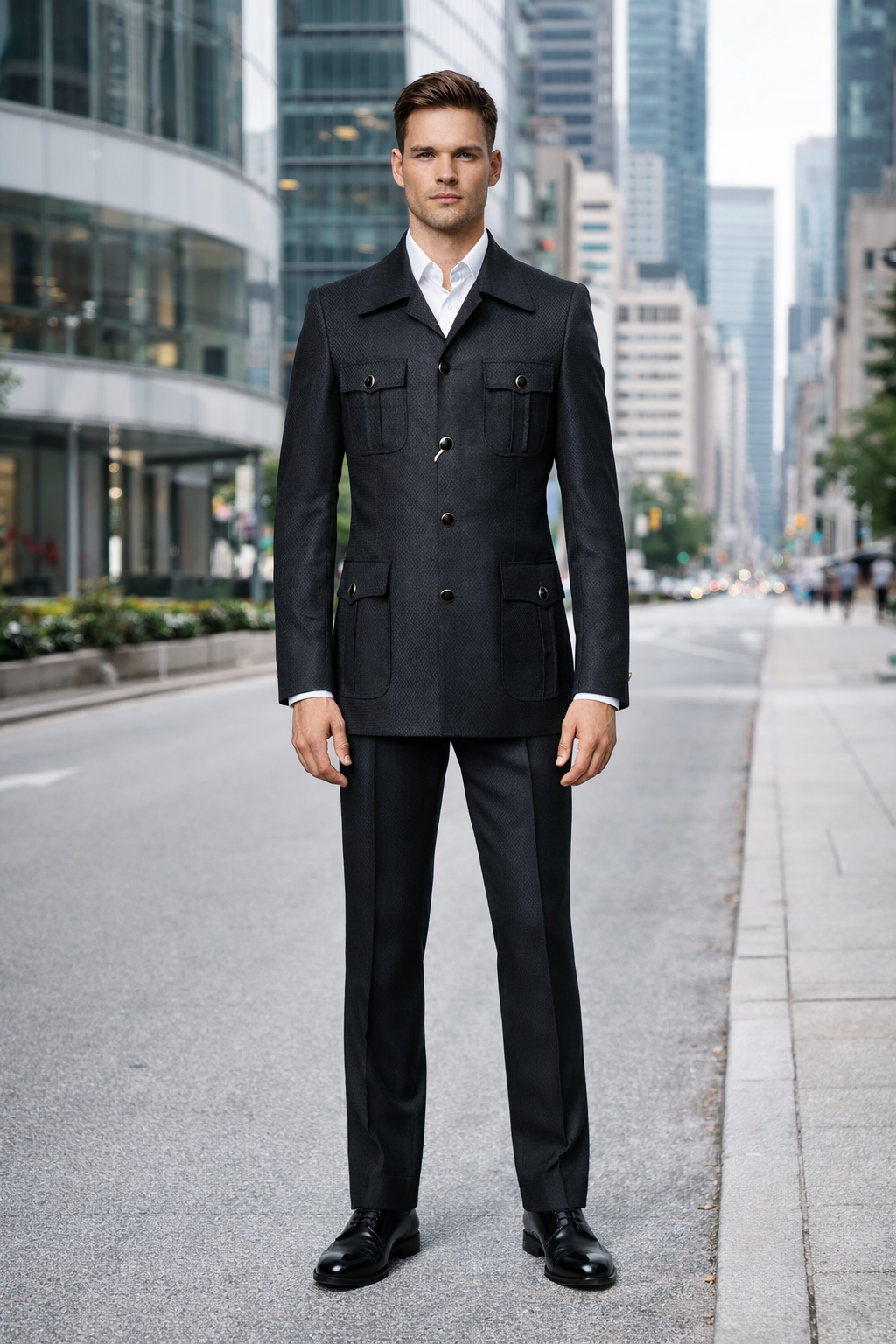 Men's Black Safari Suit with Textured Utility Jacket and Matching Trousers - Casual Walking Suit by Rossiman