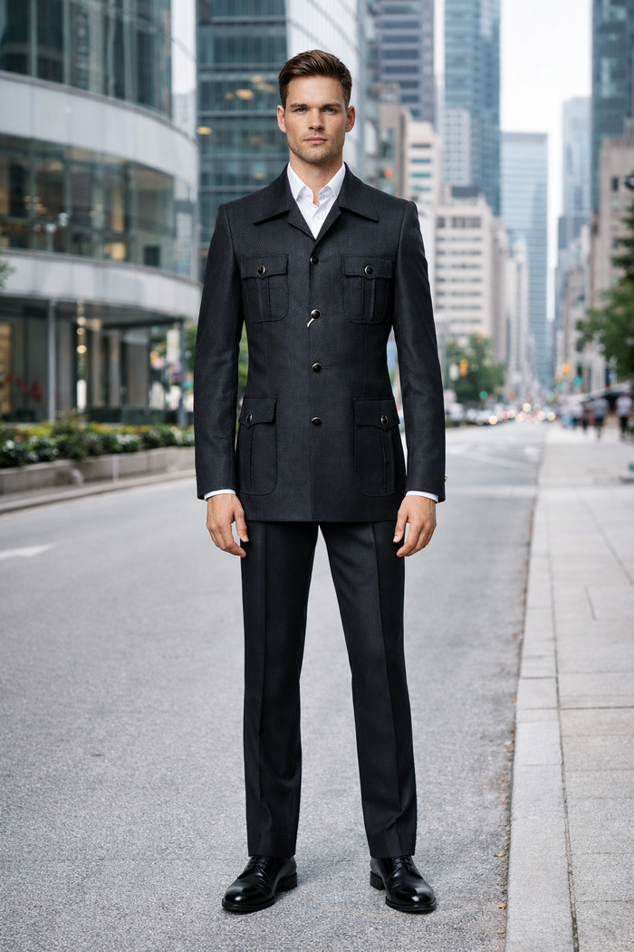 Men's Black Safari Suit with Textured Utility Jacket and Matching Trousers - Casual Walking Suit by Rossiman