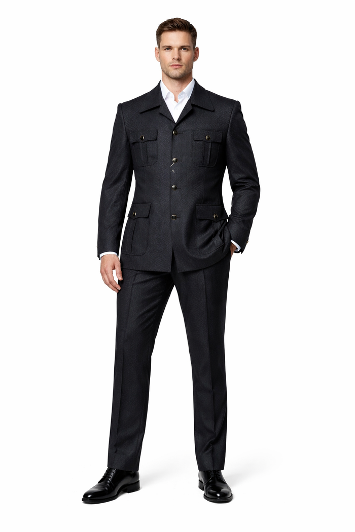 Men's Black Safari Suit with Textured Utility Jacket and Matching Trousers - Casual Walking Suit by Rossiman