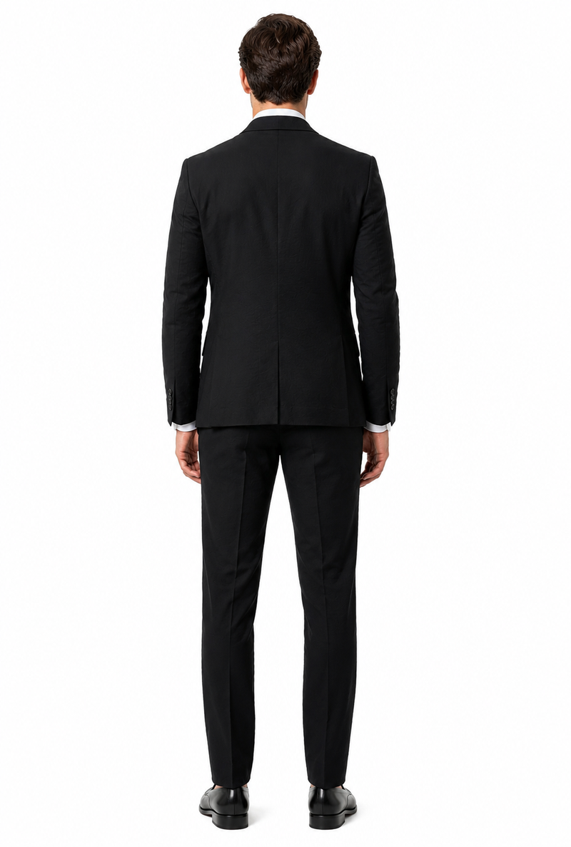 Mens Black Seersucker Suit – Shadow Ton on Ton Mini Textured Two Button Cotton Fabric Formal Summer Suit