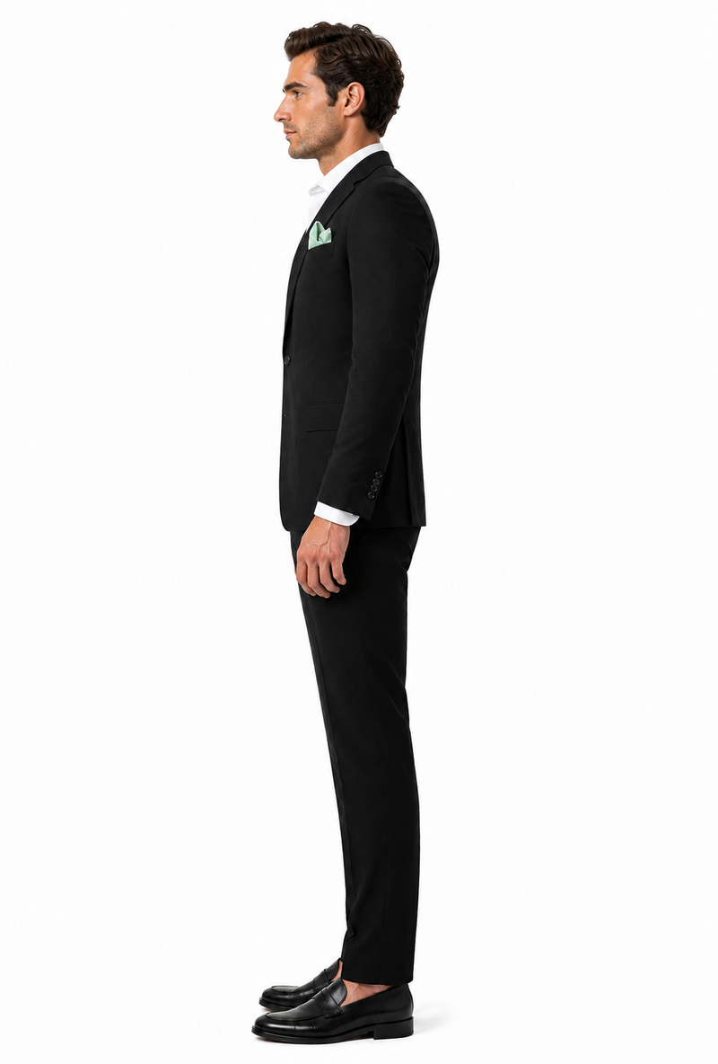 Mens Black Seersucker Suit – Shadow Ton on Ton Mini Textured Two Button Cotton Fabric Formal Summer Suit