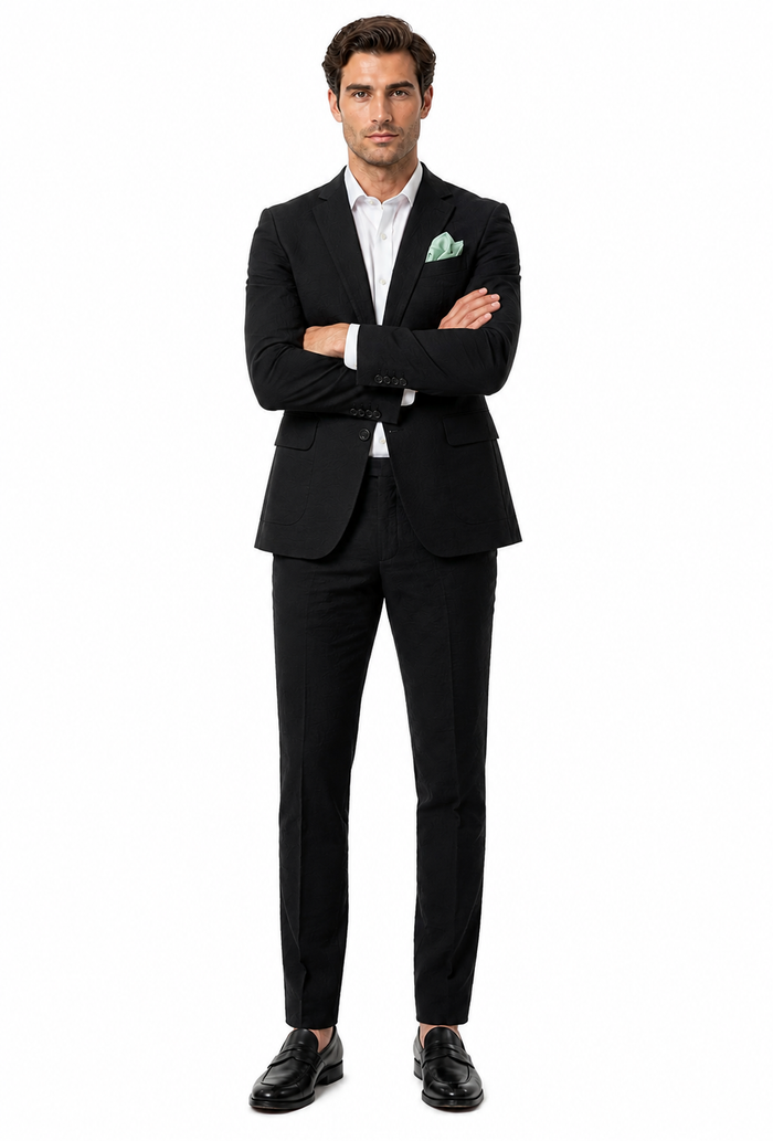 Mens Black Seersucker Suit – Shadow Ton on Ton Mini Textured Two Button Cotton Fabric Formal Summer Suit