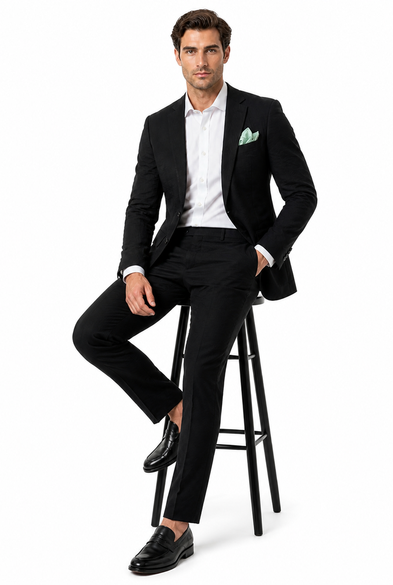 Mens Black Seersucker Suit – Shadow Ton on Ton Mini Textured Two Button Cotton Fabric Formal Summer Suit