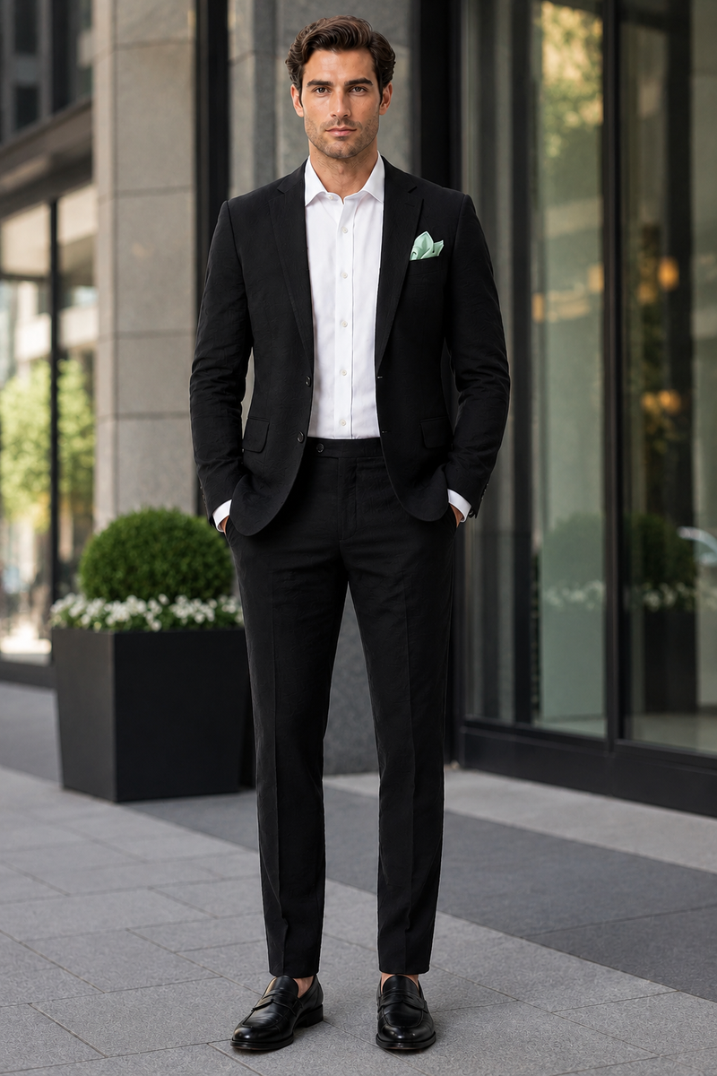 Mens Black Seersucker Suit – Shadow Ton on Ton Mini Textured Two Button Cotton Fabric Formal Summer Suit
