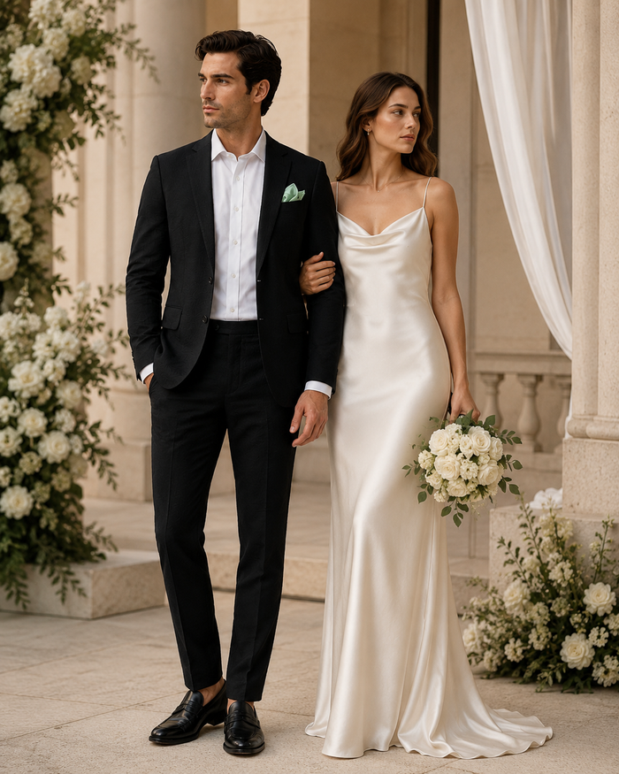 Mens Black Seersucker Suit – Shadow Ton on Ton Mini Textured Two Button Cotton Fabric Formal Summer Suit