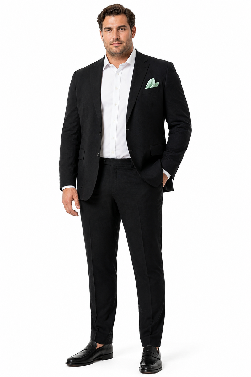 Mens Black Seersucker Suit – Shadow Ton on Ton Mini Textured Two Button Cotton Fabric Formal Summer Suit