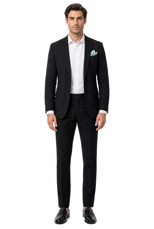 Mens Black Seersucker Suit – Shadow Ton on Ton Mini Textured Two Button Cotton Fabric Formal Summer Suit