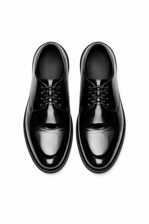 Mens Black Shiny Dress Shoe - Lace-up Style  Secure and Adjustable