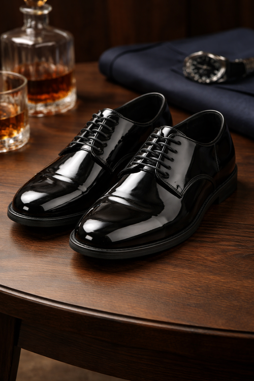 Mens Black Shiny Dress Shoe - Lace-up Style  Secure and Adjustable
