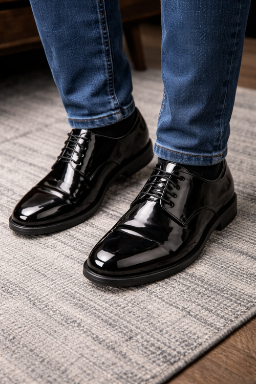 Mens Black Shiny Dress Shoe - Lace-up Style  Secure and Adjustable