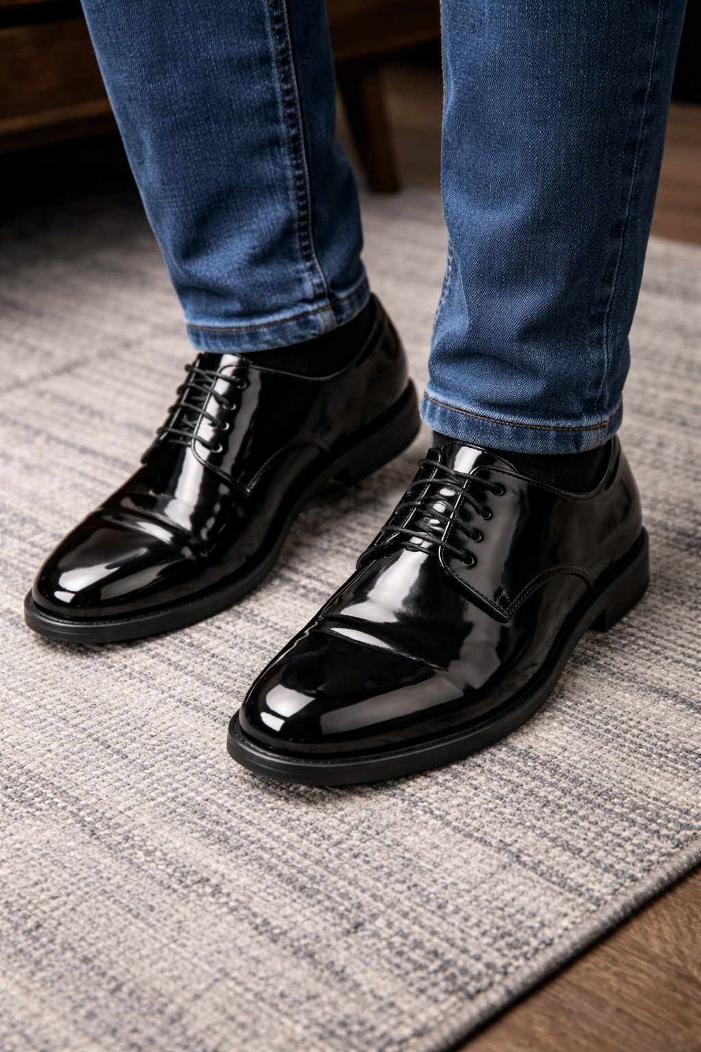 Mens Black Shiny Dress Shoe - Lace-up Style  Secure and Adjustable