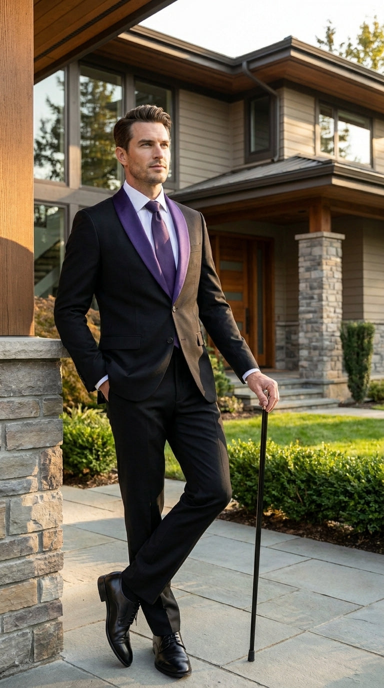 Mens Black Suit with Purple Lapel – Elegant Formal Tuxedo Style Suit for Wedding, Prom, Party and Evening Wear