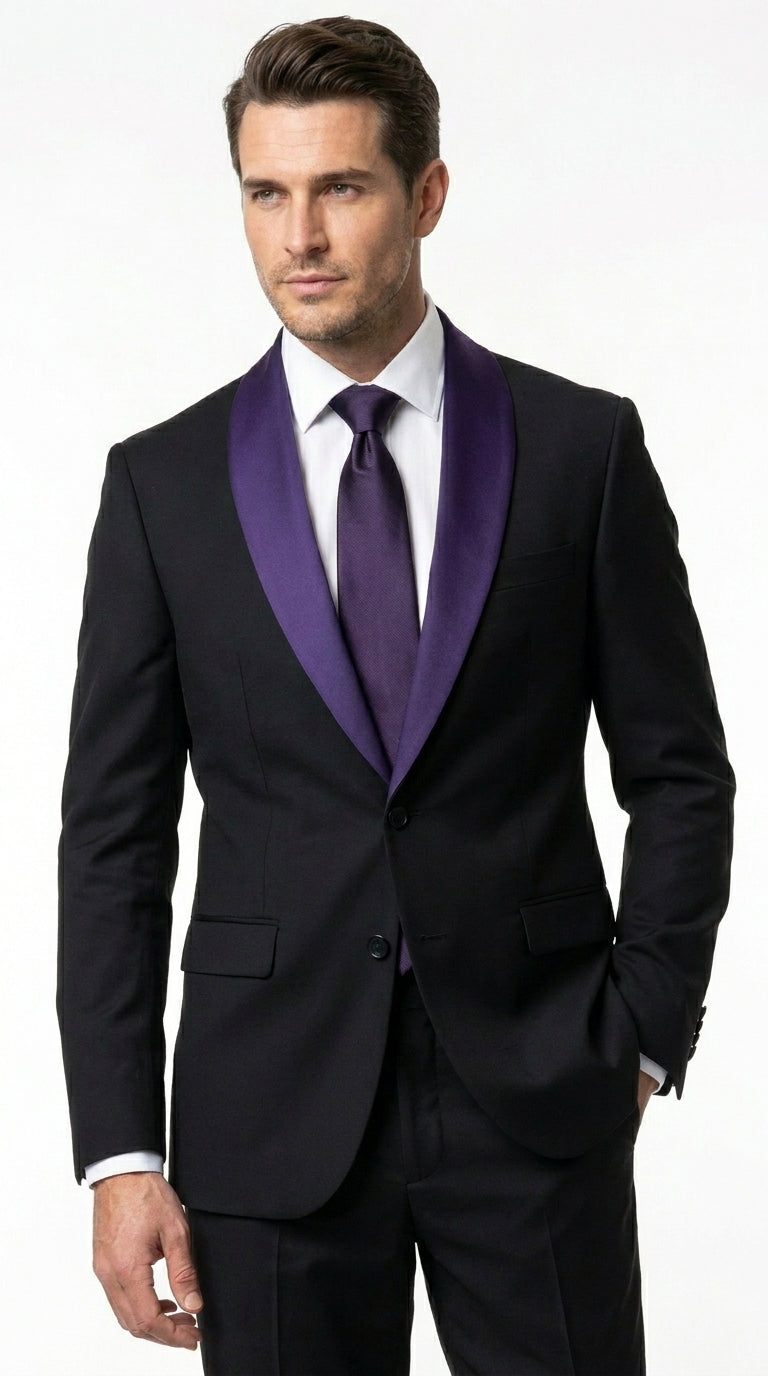Mens Black Suit with Purple Lapel – Elegant Formal Tuxedo Style Suit for Wedding, Prom, Party and Evening Wear