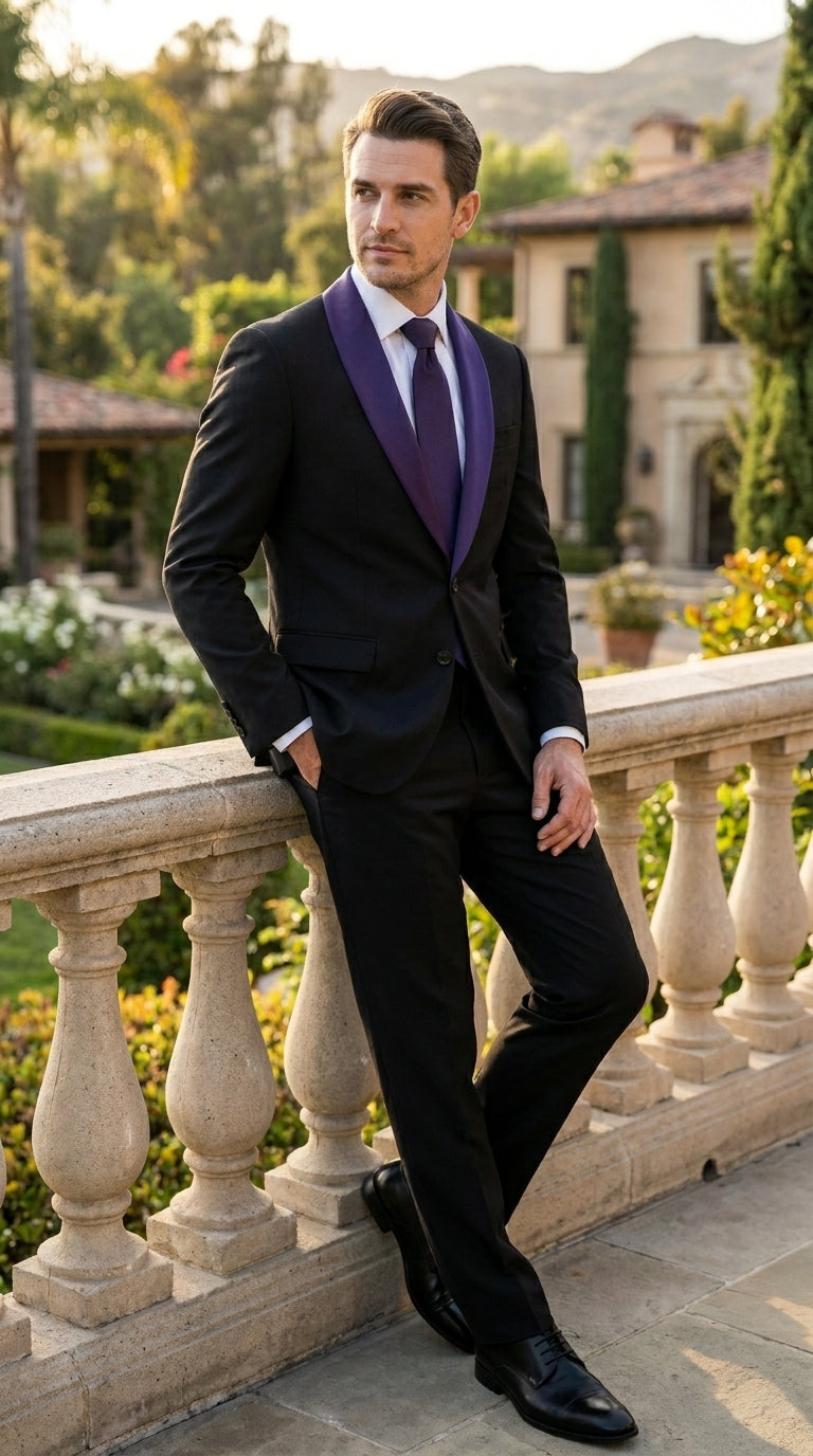Mens Black Suit with Purple Lapel – Elegant Formal Tuxedo Style Suit for Wedding, Prom, Party and Evening Wear