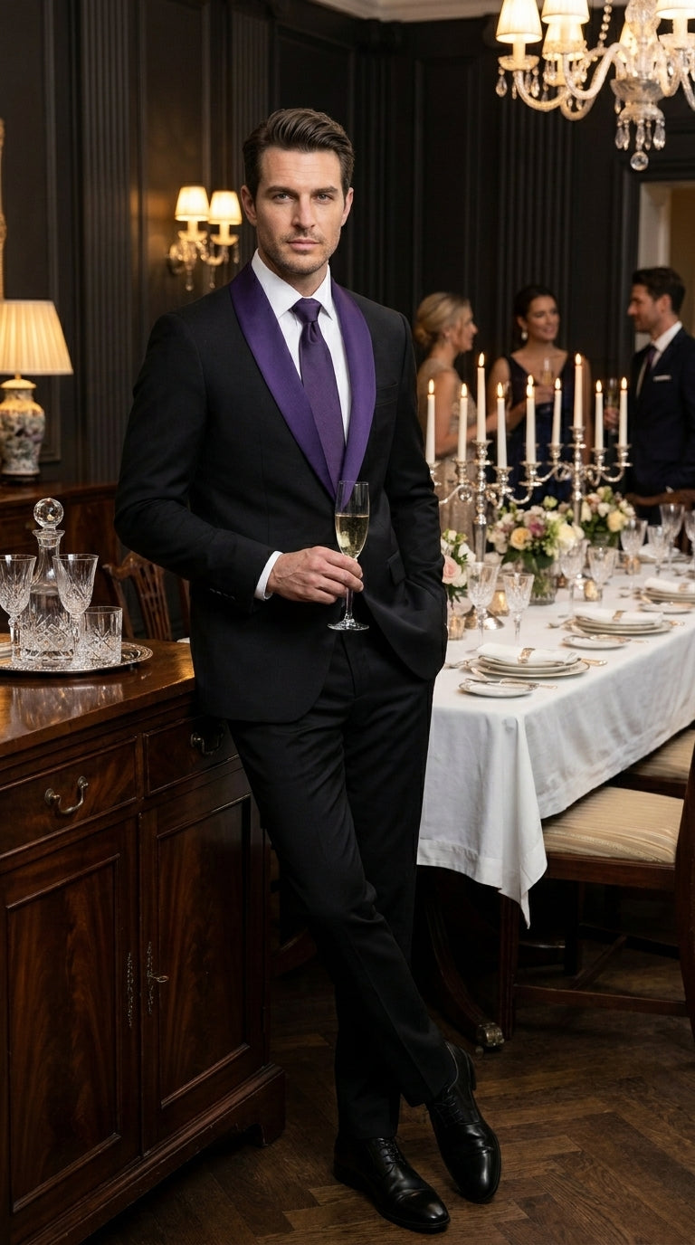 Mens Black Suit with Purple Lapel – Elegant Formal Tuxedo Style Suit for Wedding, Prom, Party and Evening Wear